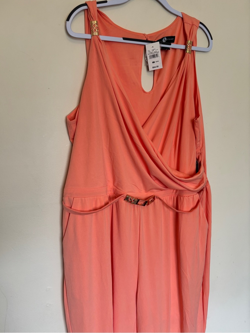 NWT Ashley Stewart Peach Chic Faux Wrap Jumpsuit Gold Sz 22/24 Cocktail Party